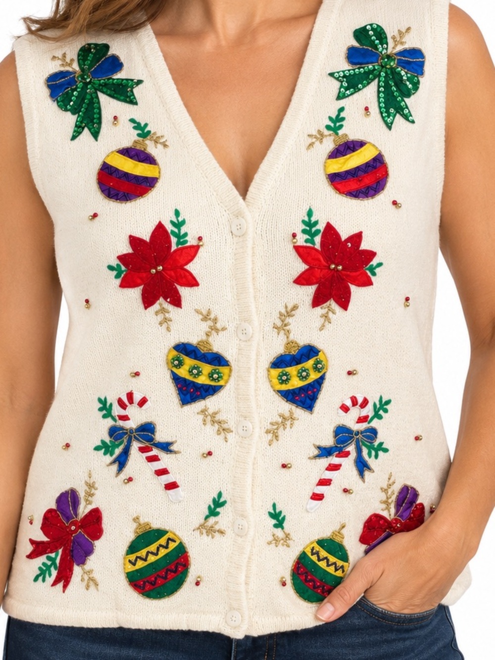 Bobbie Brooks Ugly Christmas Sweater Vest Women XL 16/18 Beaded Sequin Holiday